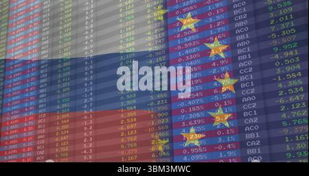 Displaying financial data grid with alphanumeric codes, percent values on screen with yellow stars Stock Photo