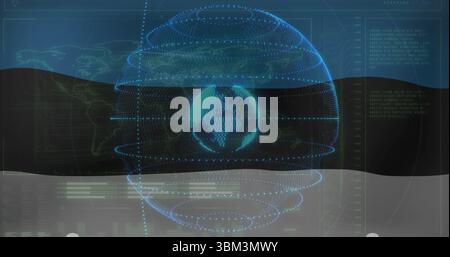 Displaying dot matrix globe rotating within console interface, with glowing rings and data overlays Stock Photo