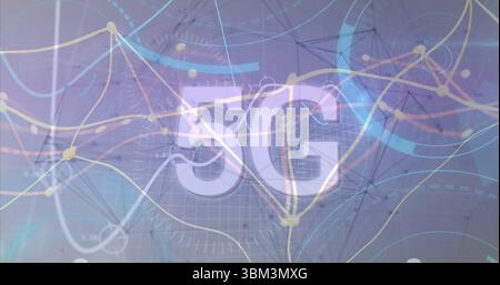 Displaying 5G label overlaying grid with glowing nodes, colorful lines and interface graphics Stock Photo