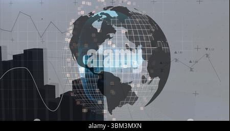 Spinning stylized globe drifting in digital abstract backdrop, with data-node icons and bar charts Stock Photo