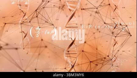 Displaying central DNA helix intertwining on peach gradient with digital nodes, links and formulas Stock Photo