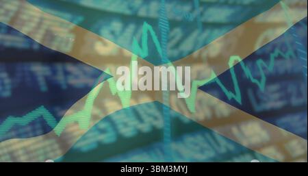 Displaying Scottish saltire flag with finance line chart on market screen, with blurred tickers Stock Photo