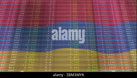 Displaying data grid in interface overlaying tricolor flag and showing codes and percent changes Stock Photo