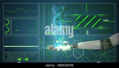 Tracking robotic arm extending in virtual control room, displaying hex grid and code, copy space Stock Photo