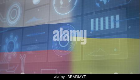Displaying digital control panel in virtual console, with UI elements and split flag gradient Stock Photo
