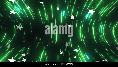Swirling neon green light streaks radiating inward on digital backdrop, with white star shapes Stock Photo