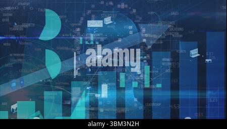 Displaying data visualization interface on virtual dashboard, with bar charts and line graph Stock Photo