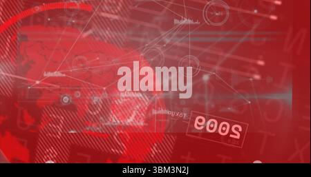 Rendering red globe with network lines and nodes on data panel, displaying waveforms inverted 2003 Stock Photo