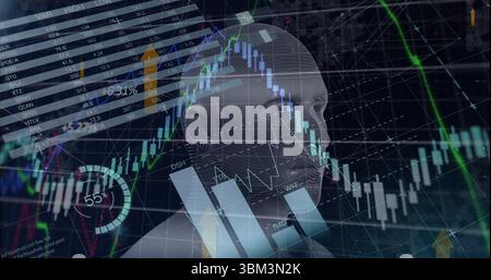 Displaying wireframe head hovering above dashboard, showing candlestick charts and network lines Stock Photo