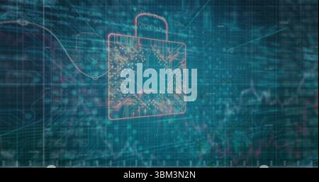 Floating padlock icon hovering over teal grid interface, showcasing circuit traces and data streams Stock Photo