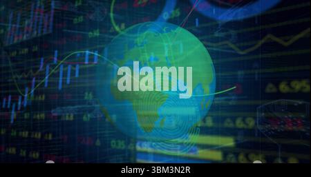 Floating globe rotating within trading dashboard, with fingerprint swirl projection and market data Stock Photo