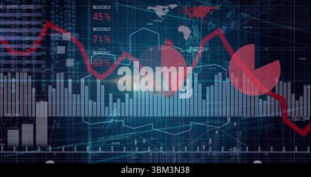 Displaying financial dashboard showing global map on dark interface, with red downward line graph Stock Photo