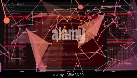 Displaying digital code panels and network nodes at virtual terminal, with encryption data listings Stock Photo