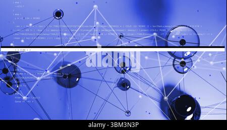 Displaying black and translucent spheres linked by lines in blue gradient space, with code overlay Stock Photo
