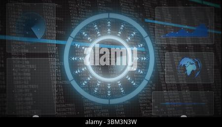 Displaying central circular HUD display over control panel, with data streaks and arrow indicators Stock Photo