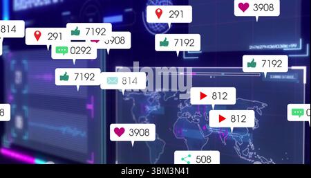Displaying floating notification icons over dashboard, with numeric counters, world map and graphs Stock Photo