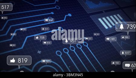 Floating bell notification bubble hovering over grid, with glowing nodes, numeric badge Stock Photo