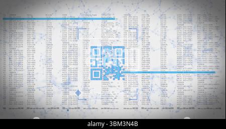 Displaying bright blue QR code overlaying translucent data columns in abstract network graphic Stock Photo