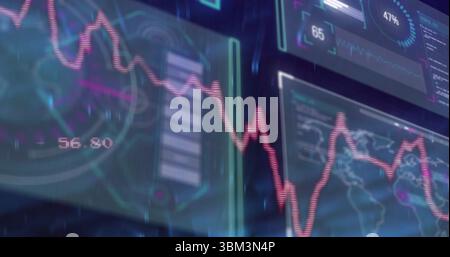 Red fluctuating line graph streaming across control room panels, with circular gauge Stock Photo