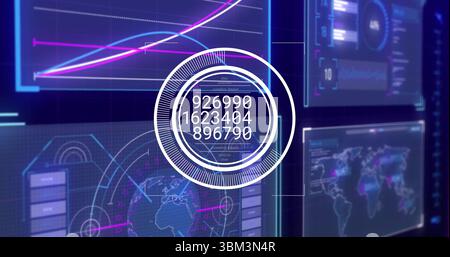 Futuristic dashboard displaying floating data panels in control center, with circular HUD gauge Stock Photo