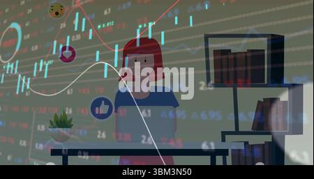 Monitoring woman in shirt studying social icons and stock charts at desk in office, with laptop Stock Photo