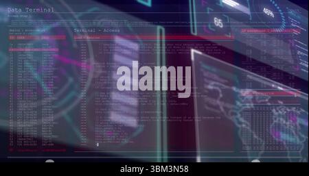 Displaying holographic terminal overlaying virtual console, with code lines and redacted ID list Stock Photo