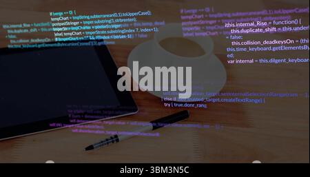Black tablet sitting on office desk, with mug, stylus, pencil with eraser, code overlay, copy space Stock Photo
