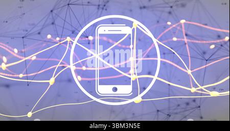 Displaying glowing nodes and connecting lines in network grid, with white smartphone circle outline Stock Photo