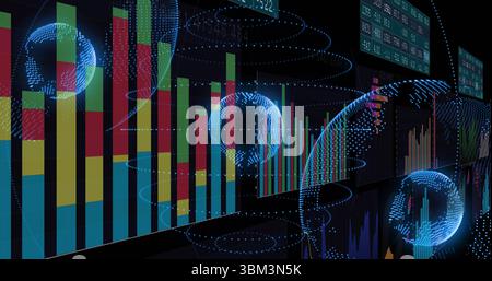 Displaying vertical bar charts and globes in dark virtual data space with floating numeric panels Stock Photo