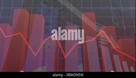 Featuring three-dimensional red bars on dark grey grid with flag, red line graph, numerical labels Stock Photo