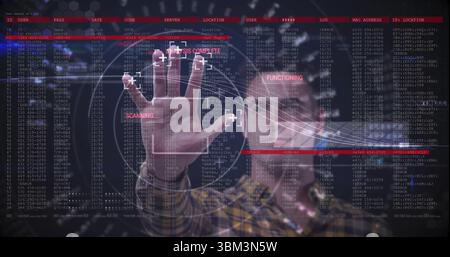 Scanning technician wearing plaid shirt using touchscreen UI in control room, with biometric UI Stock Photo