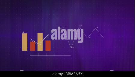 Displaying bar and line charts on purple gradient grid, showing bracketed axis and yellow, red bars Stock Photo
