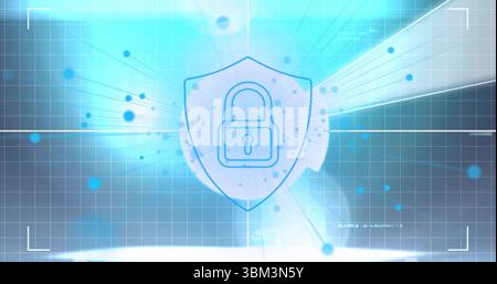 Displaying transparent blue shield with padlock icon over office ...