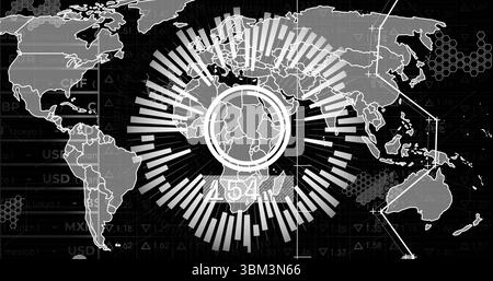 Central radial bar chart projecting African finance data over world map on screen, with arrow lines Stock Photo