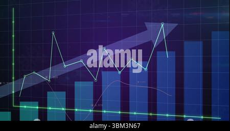 Displaying translucent arrow spanning dashboard grid, linking blue bars with turquoise-green charts Stock Photo