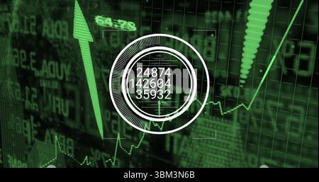 Displaying circular HUD overlay showing key numbers on trading dashboard, emphasizing upward arrow Stock Photo