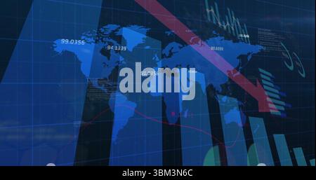 Displaying world map trending down on data analytics dashboard with vertical bar charts, red arrow Stock Photo