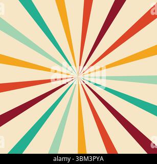 Multicolor retro spiral with vibrant wavy lines in teal, orange, and cream. Ideal for 70s designs, posters, album covers, and psychedelic visuals. Stock Vector