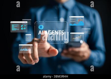AI agents assist in visualizing data dashboards, managing reports, and evaluating analytics through real-time smart technology for finance and busines Stock Photo