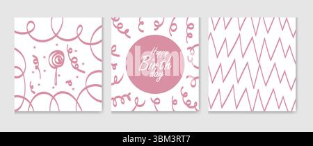 Charming minimalist birthday card designs featuring a pink cake with candles and festive stars. Ideal for greetings, invitations, and printable stati Stock Vector