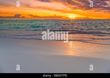 Stunning seaside sunset over calm sea bay waves on horizon under dreamy sky clouds, golden sunlight ocean view summer vacation travel beach background Stock Photo