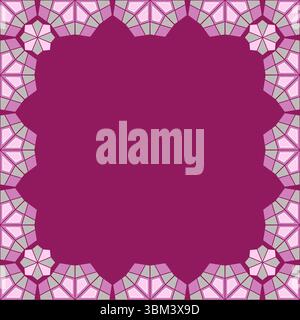 Geometric square frame in shades of pink. Mosaic ornament of polygonal shapes. Fantasy half round motif on red wine background. Complicated colorful b Stock Vector