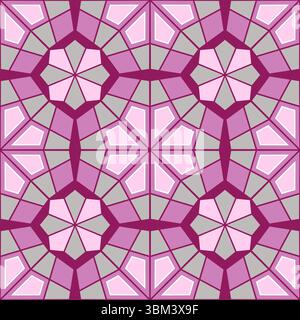 Geometric complex seamless pattern in shades of pink. Complicated colorful background. Mosaic ornament of polygonal shapes. Classic stainless glass de Stock Vector