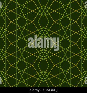 Blue ornate grid on dark blue background. Geometric symmetric seamless pattern. Vector decorative ornament of curved lines. Refine complex pattern for Stock Vector