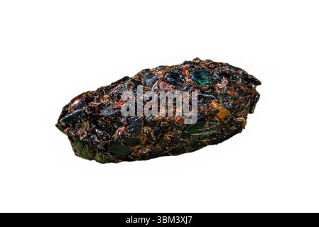 Close-up of shrike (Lanius) pellet containing regurgitated undigested remains of insect legs and beetle shells / exoskeletons on white background Stock Photo