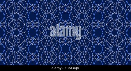 Blue ornate grid on dark blue background. Geometric symmetric seamless pattern. Vector decorative ornament of curved lines. Refine complex pattern for Stock Vector