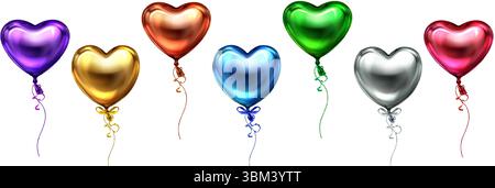 Glossy 3d heart balloons floating with ribbons - metallic collection of shiny romantic decorations for valentine celebration, party or wedding. Colorful inflatable love symbols on white background. Stock Vector
