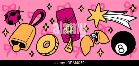 Vibrant lucky doodle symbols on pink - ladybug and bell, coin and envelope with charm, shooting star, fortune cookie and eight ball. Colorful good luck icons for positive vibes, superstition themes. Stock Vector