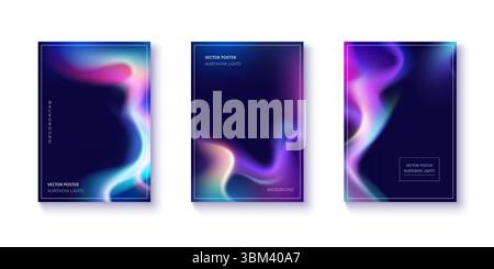 Dynamic aurora gradient background collection with cosmic northern lights. Smooth color transitions blend blue, pink and purple hues creating fluid abstract patterns. Premium modern vector posters. Stock Vector