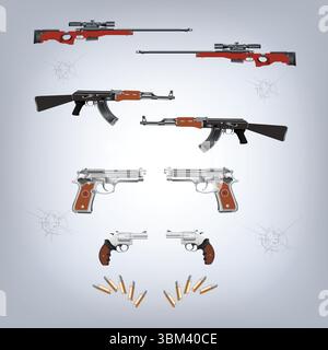 Weapons editable design, sniper, AK-47, and also bullets designs art Stock Vector